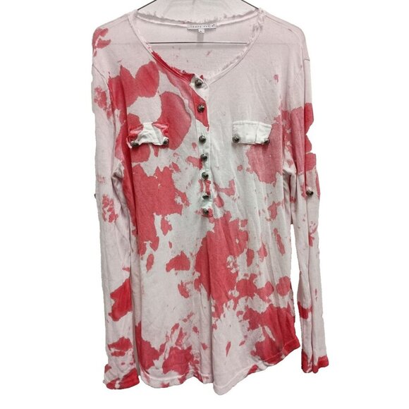 Tempo Paris Womens Tunic Top Size XL White Red Tie Dye Henley Long Sleeve Hippie - Picture 1 of 6